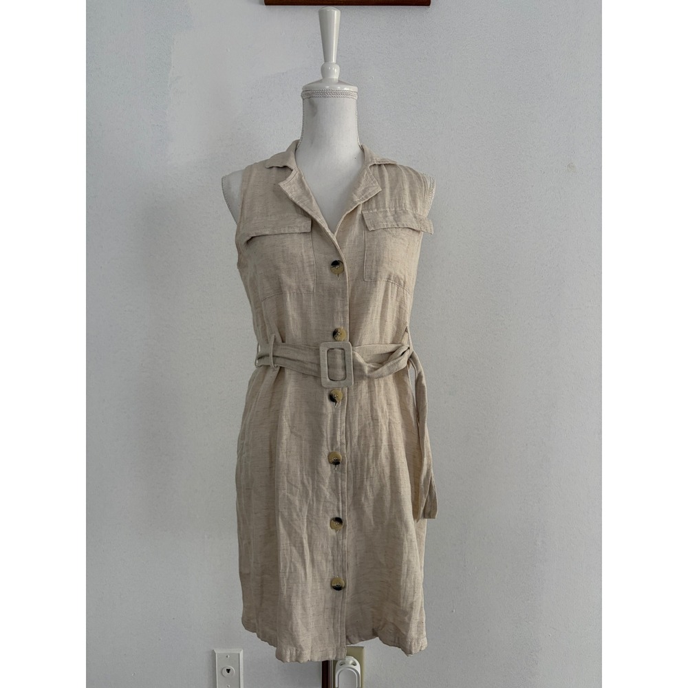 Sih & Sam Women Oatmeal Beige Linen Blend Belted Utility Button Front Dress M